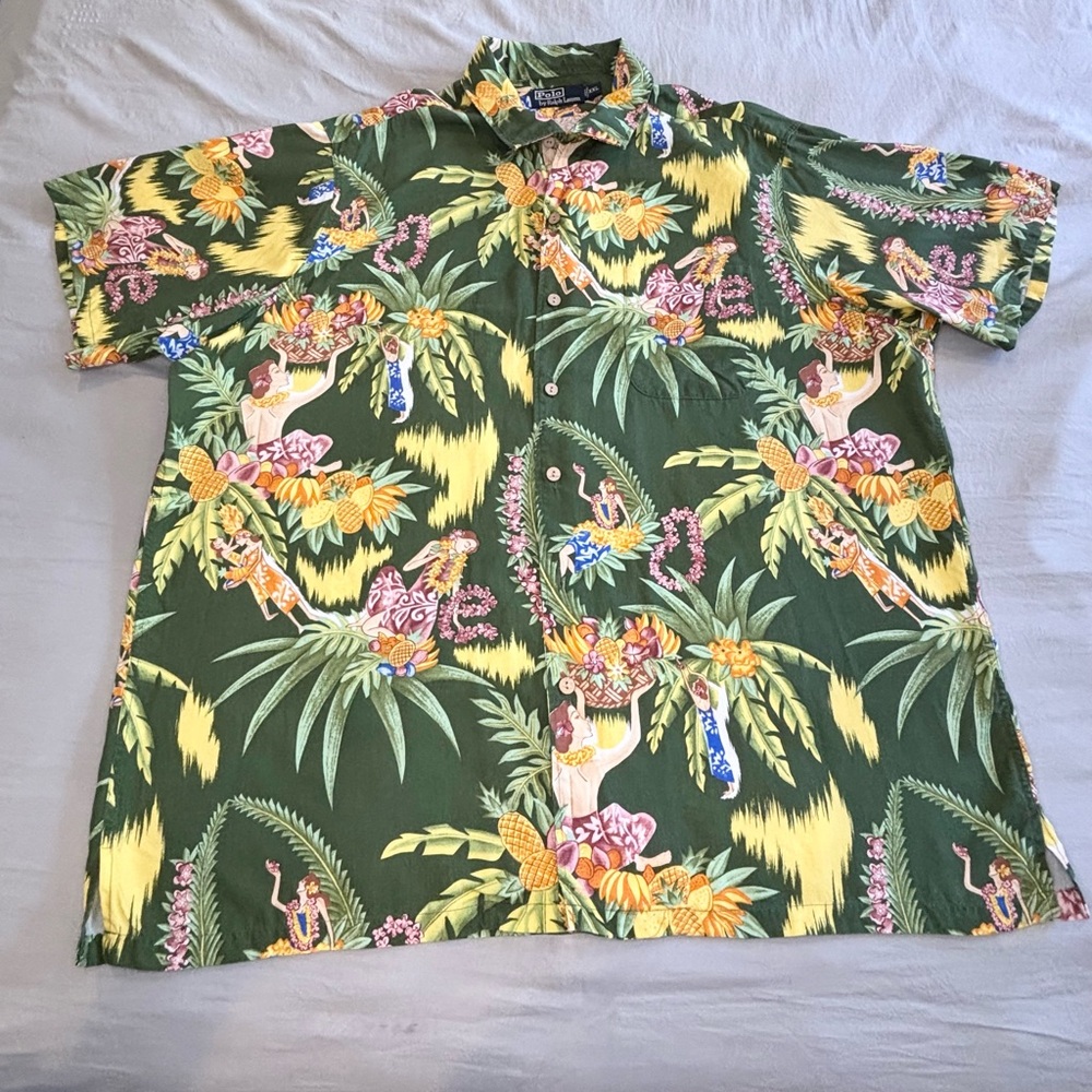 Vintage Polo Ralph Lauren‎ Shirt Men XXL  Green  Hawaiian Viscose  Hula Girls